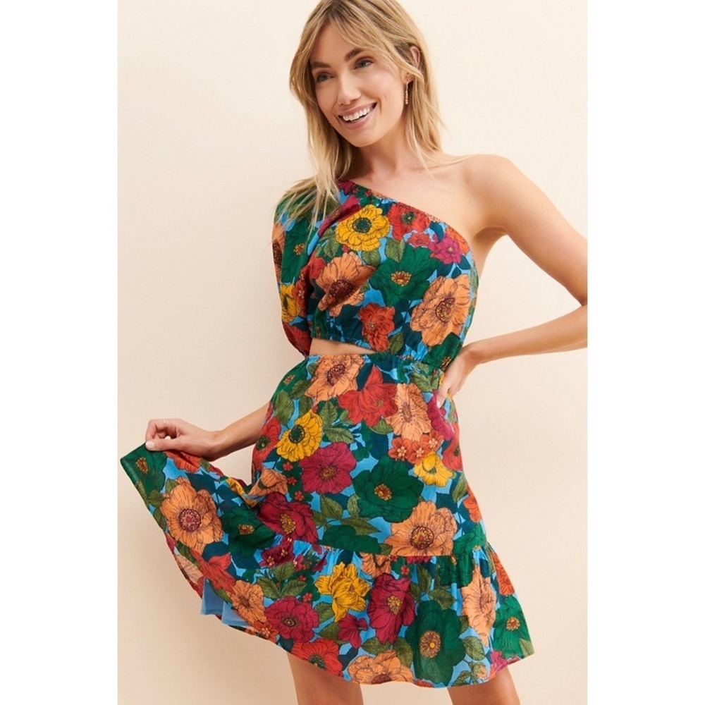 Du Paradis Floral One Shoulder Cutout Mini Dress Multi Color Large